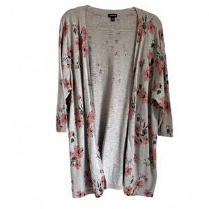 Torrid | Women’s Open Front Long Cardigan Gray w/ Pink Coral Green Floral Sz 2X
